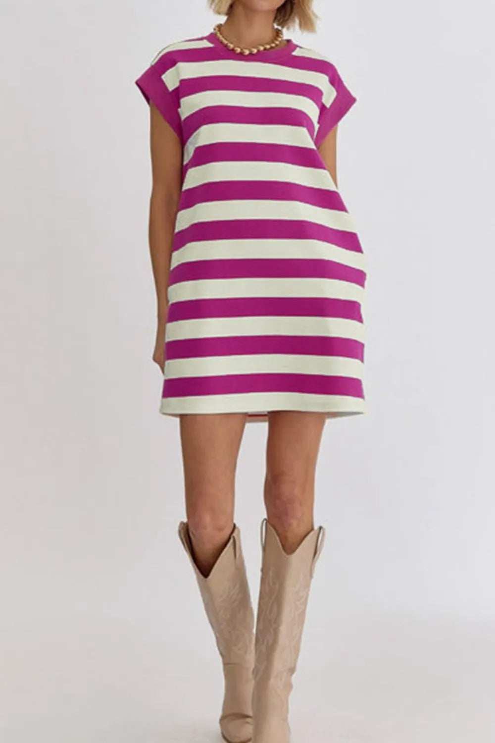 Stripe Cap Sleeve Pocketed Shift Tee Dress - Trendsi - Flyclothing LLC