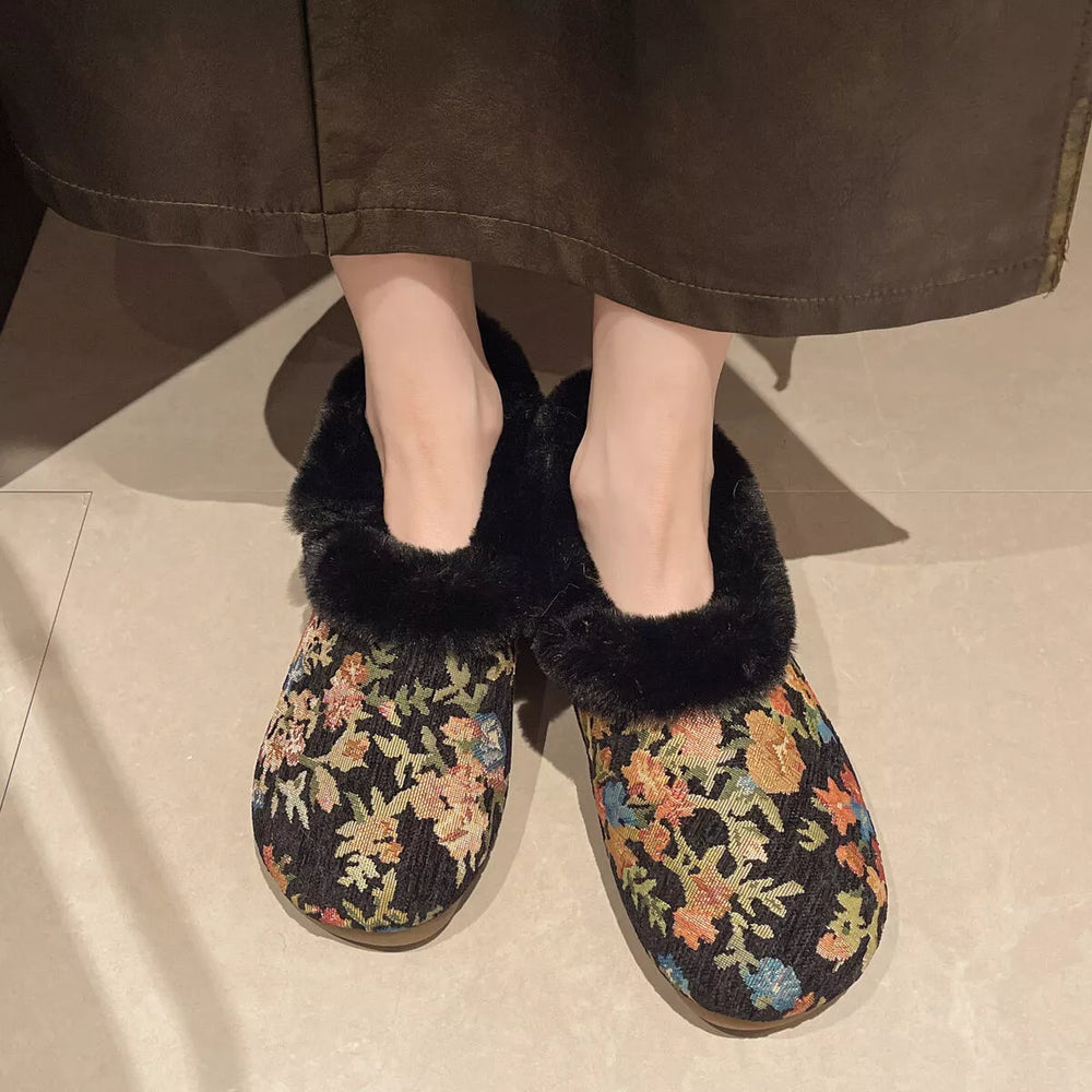 Floral Pattern Plush Lined Slip-Ons - Trendsi - Flyclothing LLC