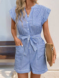 Striped Notched Tie Waist Romper - Trendsi - Flyclothing LLC