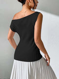 Single Shoulder Short Sleeve Knit Top - Trendsi - Flyclothing LLC