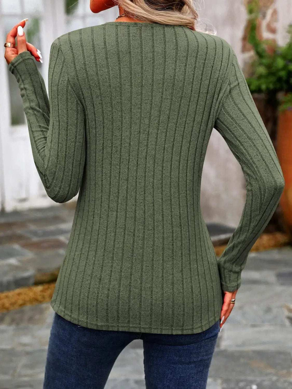 Decorative Button Round Neck Long Sleeve T-Shirt - Trendsi - Flyclothing LLC
