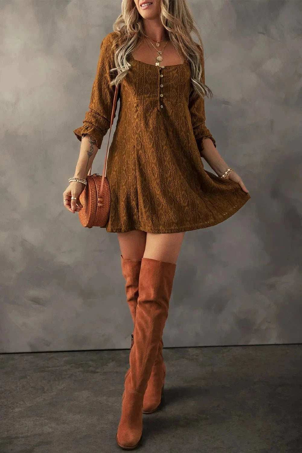 Textured Square Neck Mini Dress - Trendsi - Flyclothing LLC