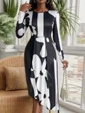 Asymmetrical Slit Round Neck Long Sleeve Midi Dress - Trendsi - Flyclothing LLC
