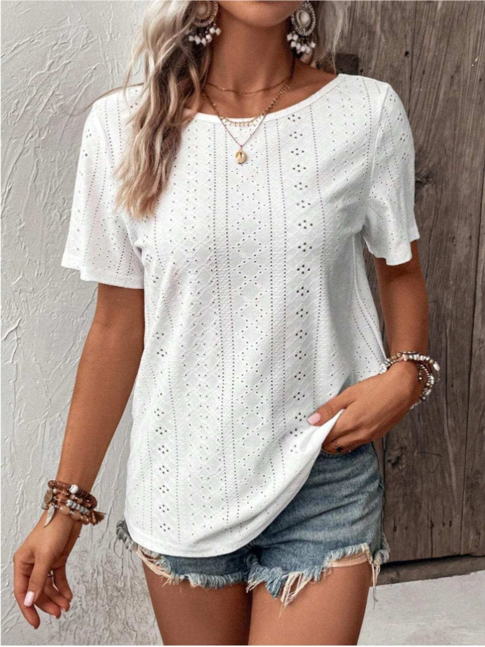 Lace Detail Eyelet Short Sleeve Blouse - Trendsi - Flyclothing LLC