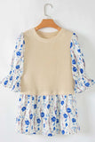 Waffle-Knit Printed Round Neck Flounce Sleeve Blouse - Trendsi - Flyclothing LLC
