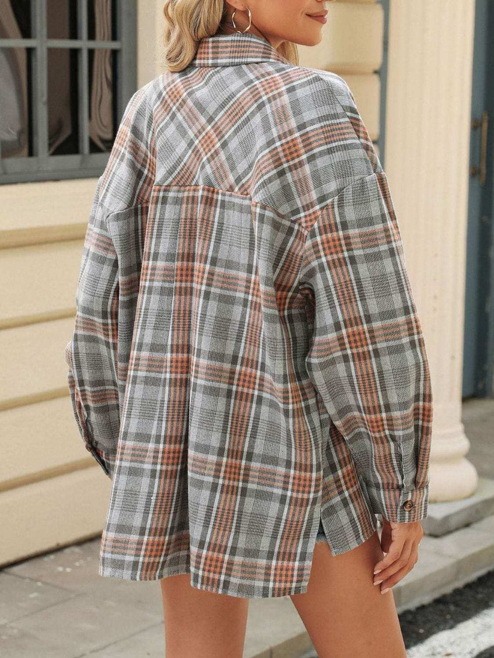 Pocketed Plaid Collared Neck Long Sleeve Shirt - Trendsi - Flyclothing LLC
