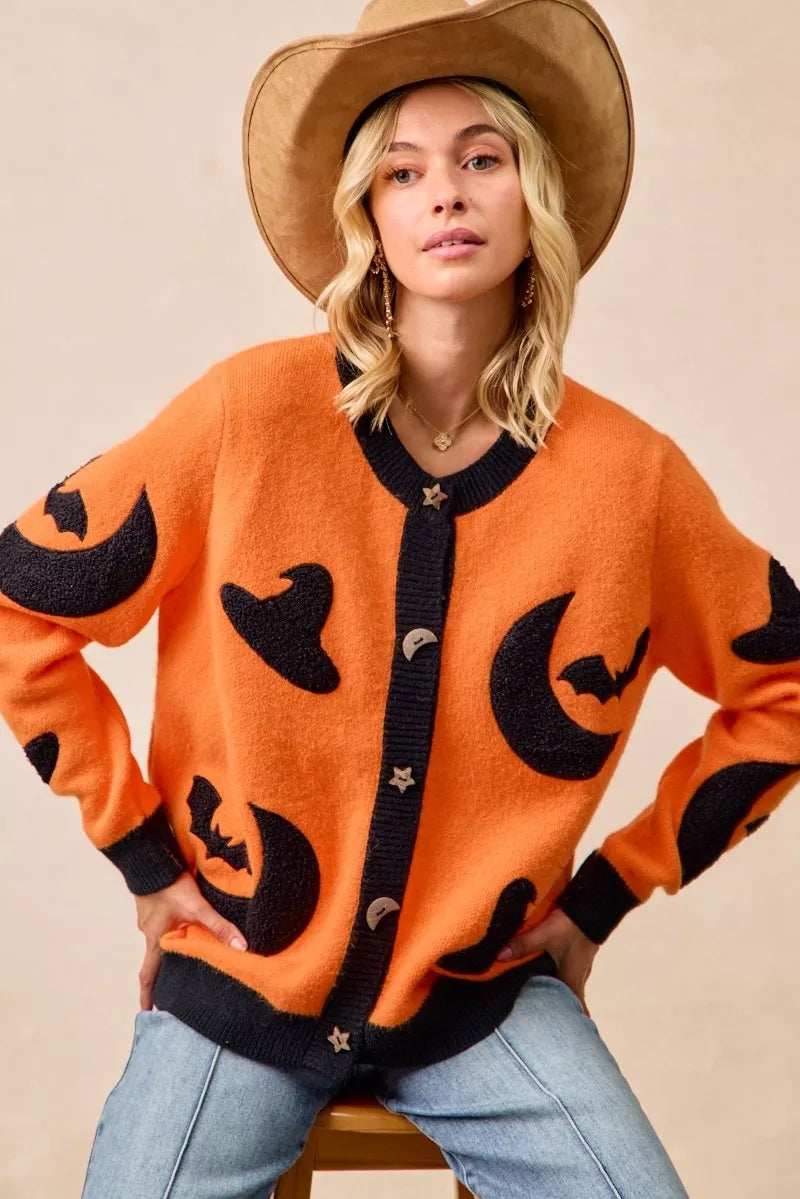 BiBi Halloween Witch Hat Moon Bat Artwork Cardigan - Trendsi - Flyclothing LLC