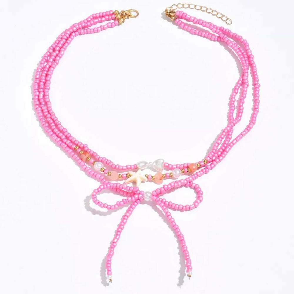 Beaded Three-Layered Necklace with Bow and Starfish Charms - Trendsi - Flyclothing LLC