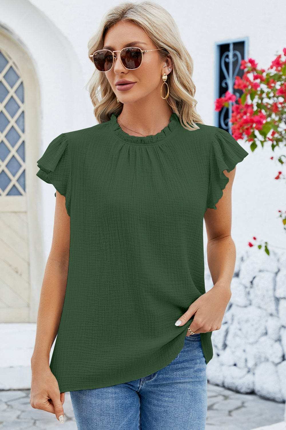 Ruffled Round Neck Cap Sleeve Blouse - Trendsi - Flyclothing LLC