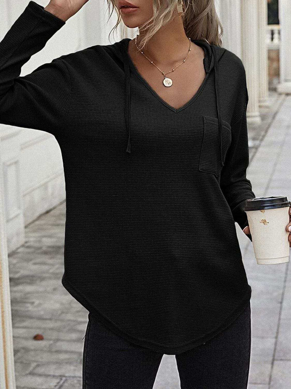 Drawstring Waffle Knit Long Sleeve Hooded Top - Trendsi - Flyclothing LLC