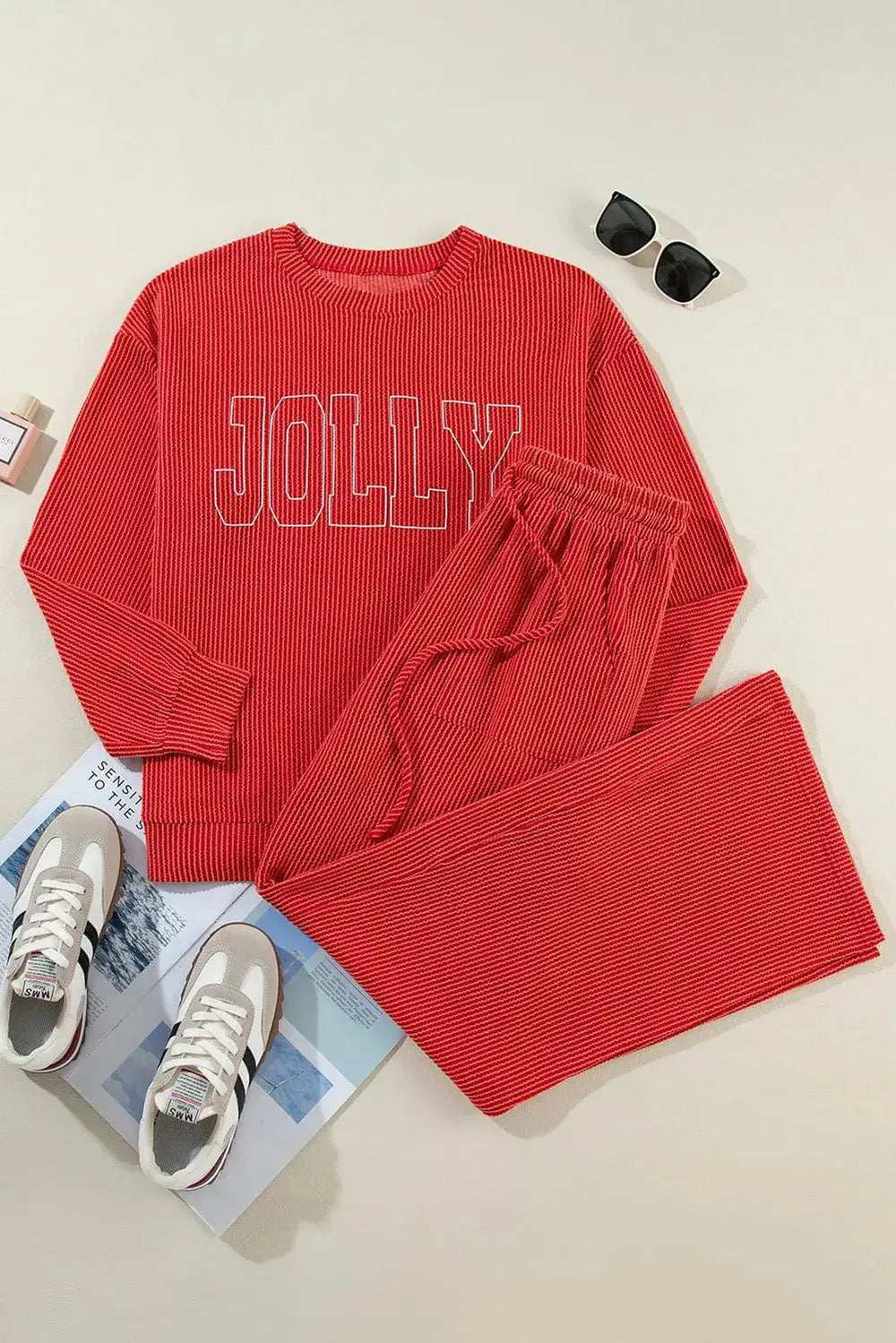JOLLY Round Neck Long Sleeve Top and Pants Lounge Set - Trendsi - Flyclothing LLC