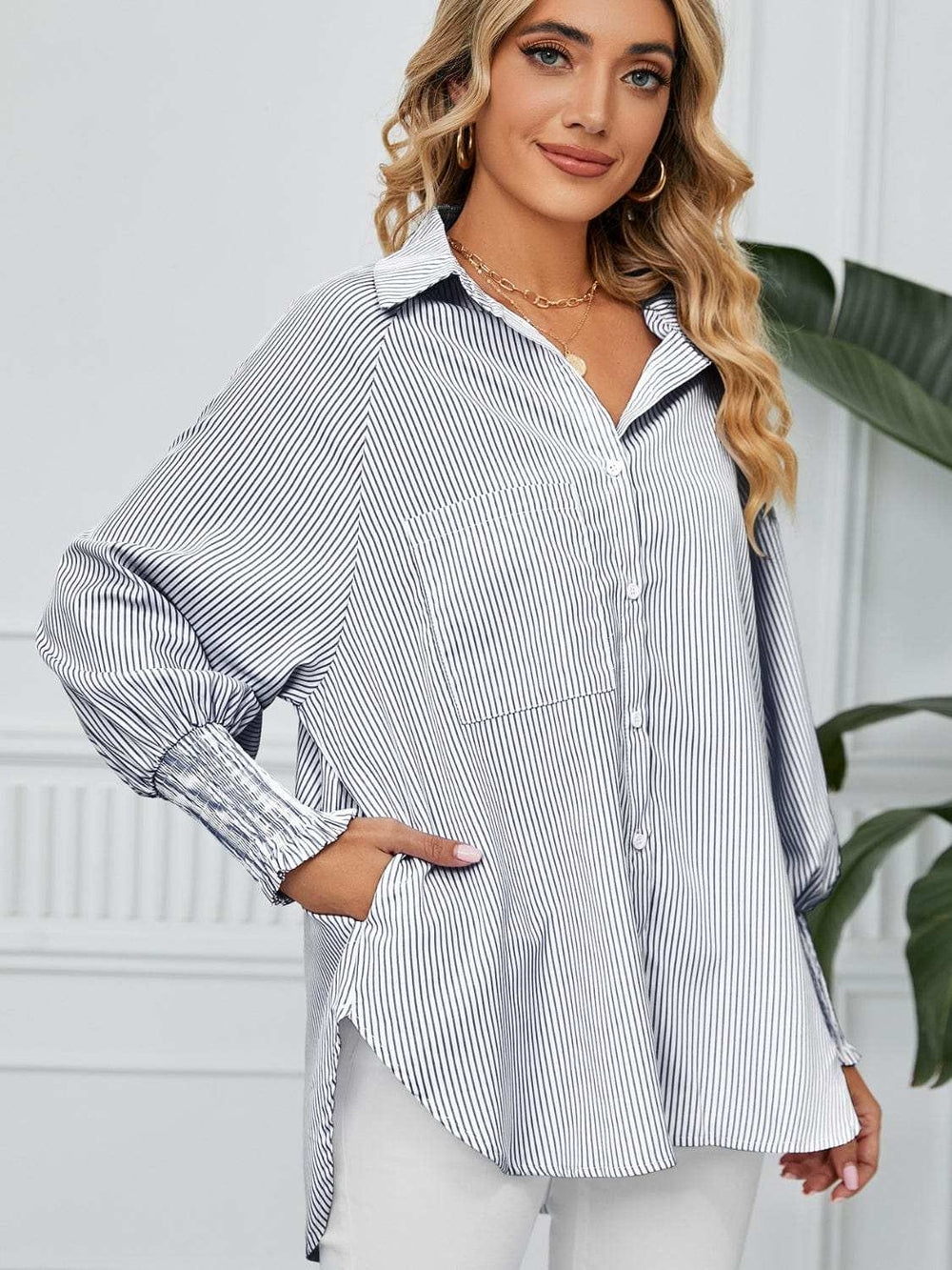 Striped Collared Neck Long Sleeve Shirt - Trendsi - Flyclothing LLC