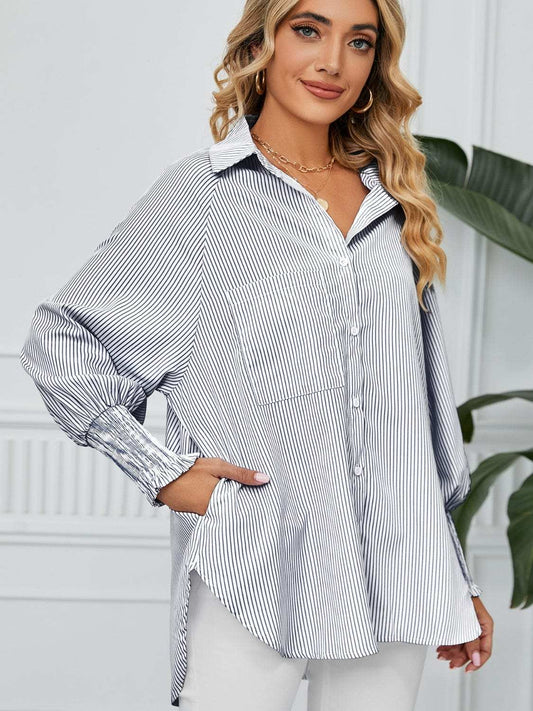 Striped Collared Neck Long Sleeve Shirt - Trendsi - Flyclothing LLC