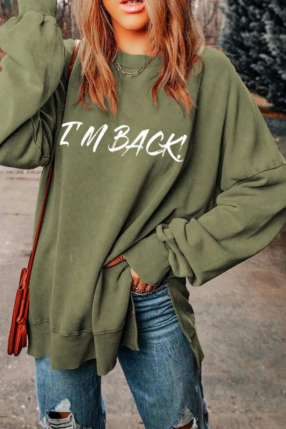 I'M BACK Round Neck Dropped Shoulder Sweatshirt - Trendsi - Flyclothing LLC