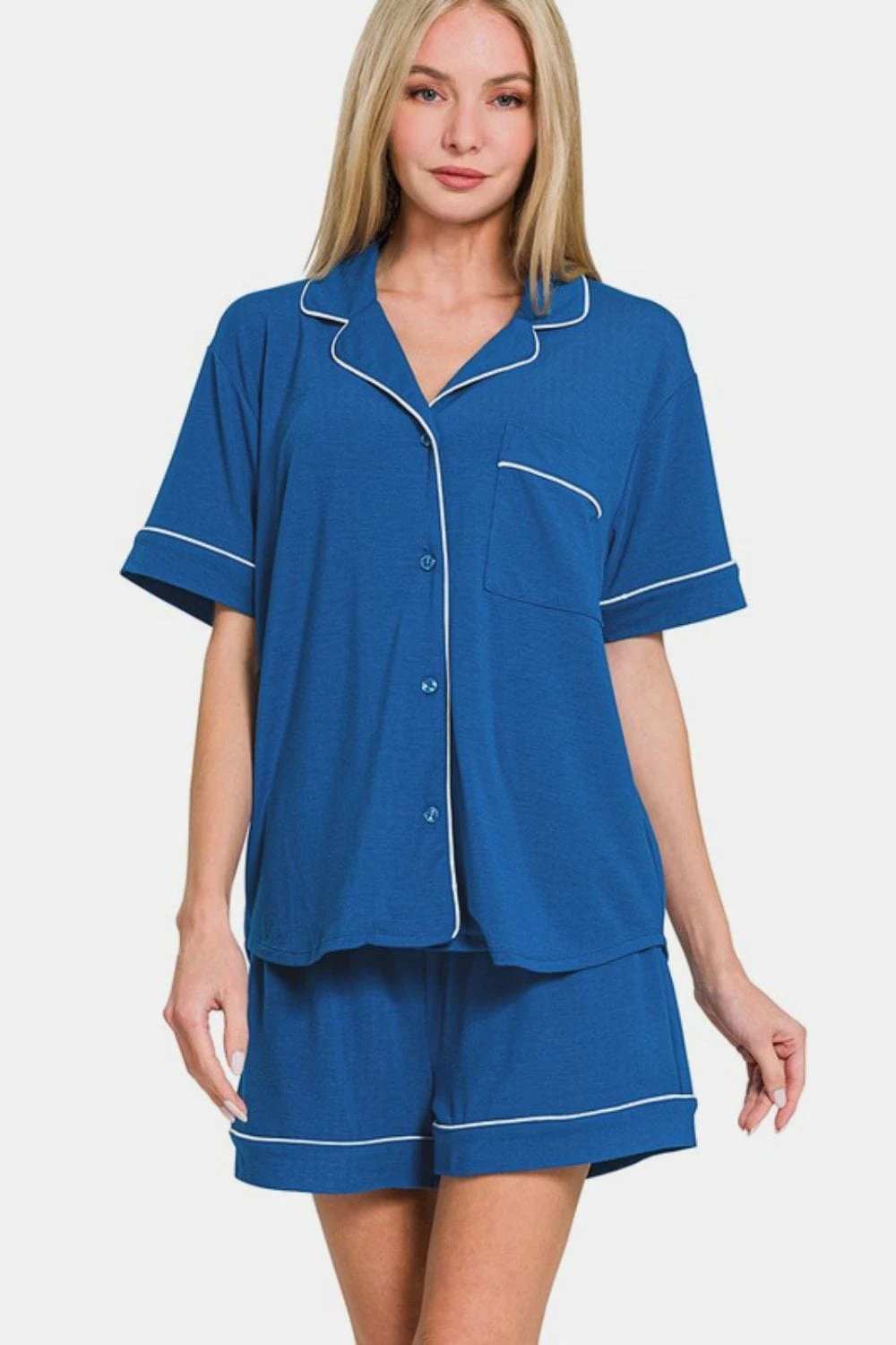 Zenana Button Down Short Sleeve Top and Shorts Lounge Set - Trendsi - Flyclothing LLC