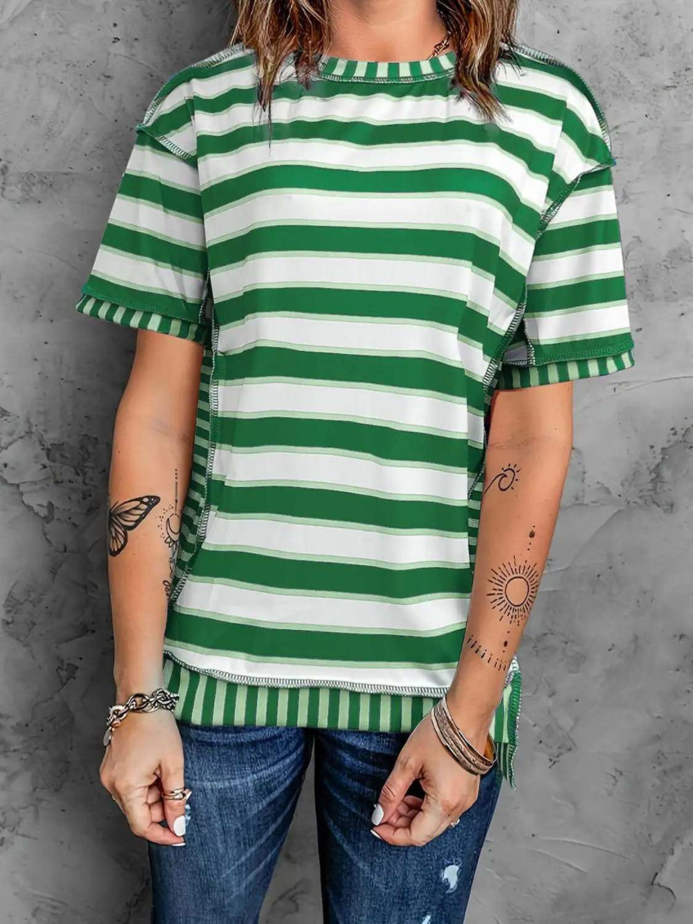 Full Size Contrast Stitching Striped Round Neck T-Shirt - Trendsi - Flyclothing LLC