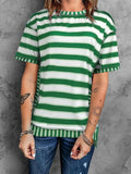 Full Size Contrast Stitching Striped Round Neck T-Shirt - Trendsi - Flyclothing LLC