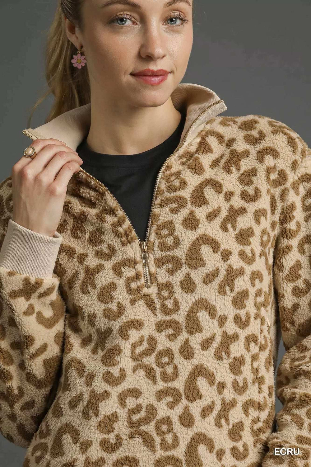 Umgee Leopard Print Quarter-Zip Sweatshirt - Trendsi - Flyclothing LLC