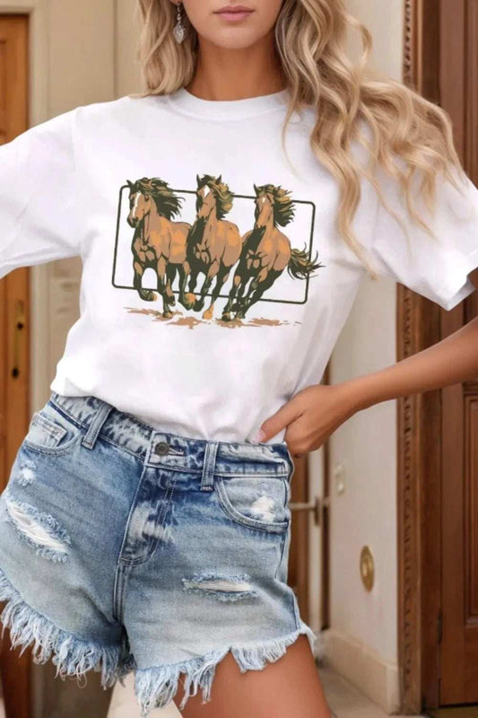 Texas Horse Graphic Cuffed Sleeve T Shirt - Trendsi - Flyclothing LLC