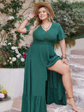 Plus Size Button Detail V-Neck Short Sleeve Maxi Dress - Trendsi - Flyclothing LLC