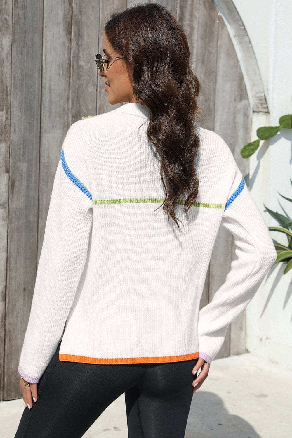 Contrast Half Zip Drop Shoulder Sweater - Trendsi - Flyclothing LLC