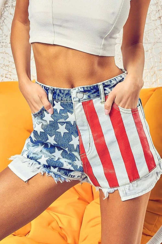 BiBi US Flag Theme Bleached Denim Shorts - Trendsi - Flyclothing LLC
