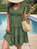 Frill Smocked V-Neck Tiered Dress - Trendsi - Flyclothing LLC