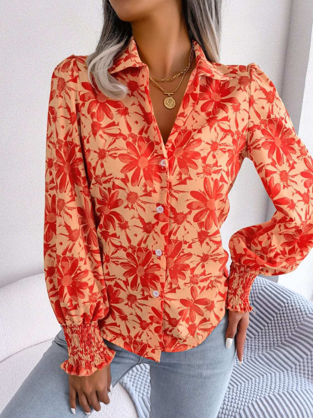 Floral Collared Neck Long Sleeve Shirt - Trendsi - Flyclothing LLC