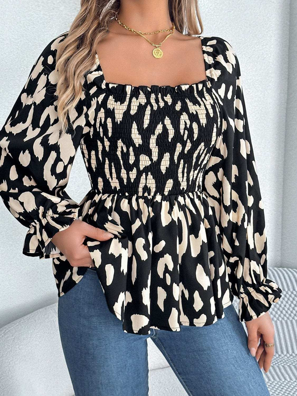 Square Neck Flounce Sleeve Blouse - Trendsi - Flyclothing LLC