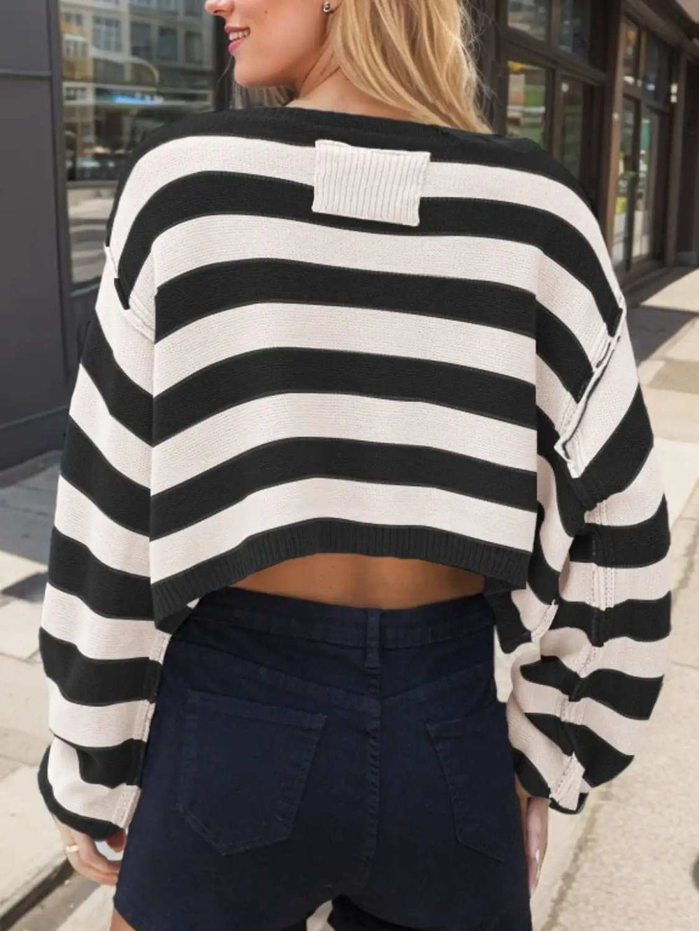 Striped Dropped Shoulder Long Sleeve Sweater - Trendsi - Flyclothing LLC