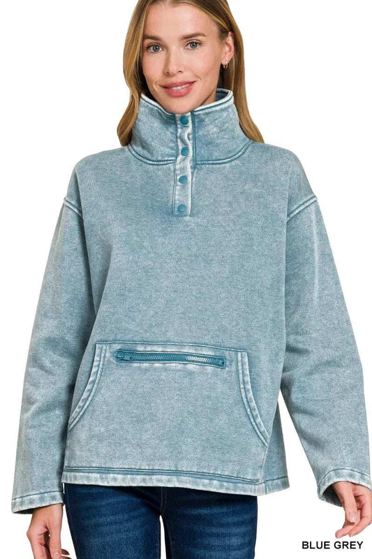 Zenana Fleece Washed High Neck Kangaroo Pocket Sweatshirt - Trendsi - Flyclothing LLC