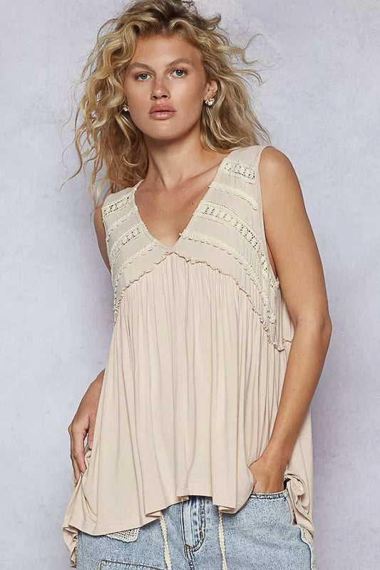 POL Lace Trim Babydoll Sleeveless Top with Ruffled and Raw Edge Detail - Trendsi - Flyclothing LLC