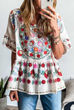 Floral Print Round Neck Ruffle Trim Blouse - Trendsi - Flyclothing LLC