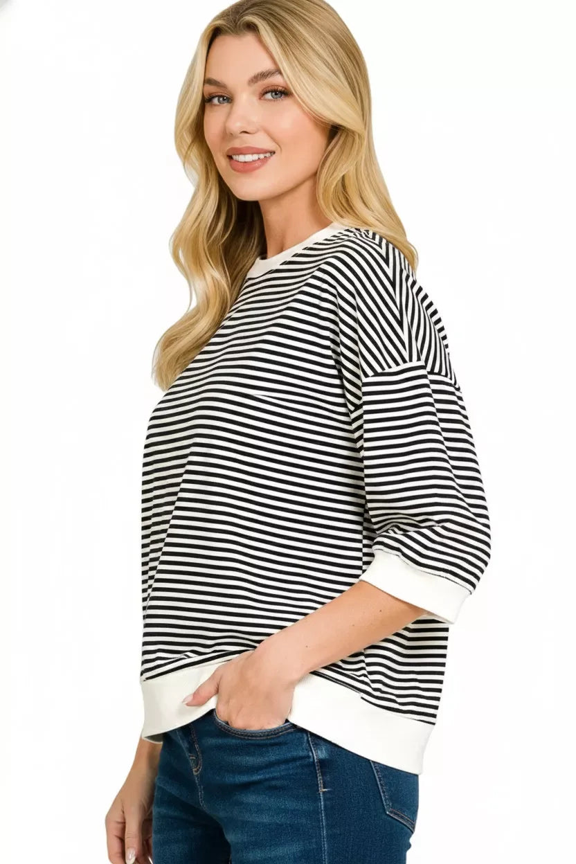 Zenana Striped Contrast Trim Banded Bottom Top - Trendsi - Flyclothing LLC