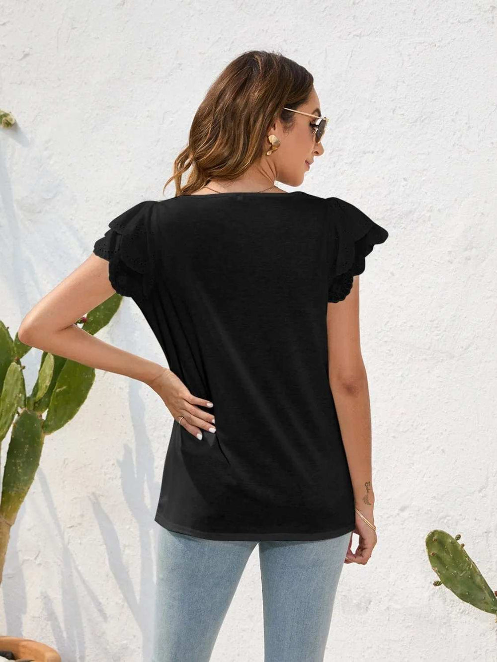 Ruffled Square Neck Cap Sleeve Blouse - Trendsi - Flyclothing LLC