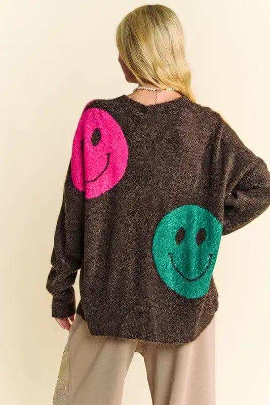 Davi & Dani Contrast Smile Round Neck Oversize Sweater - Trendsi - Flyclothing LLC
