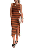 Slit Striped Round Neck Sleeveless Midi Dress - Trendsi - Flyclothing LLC