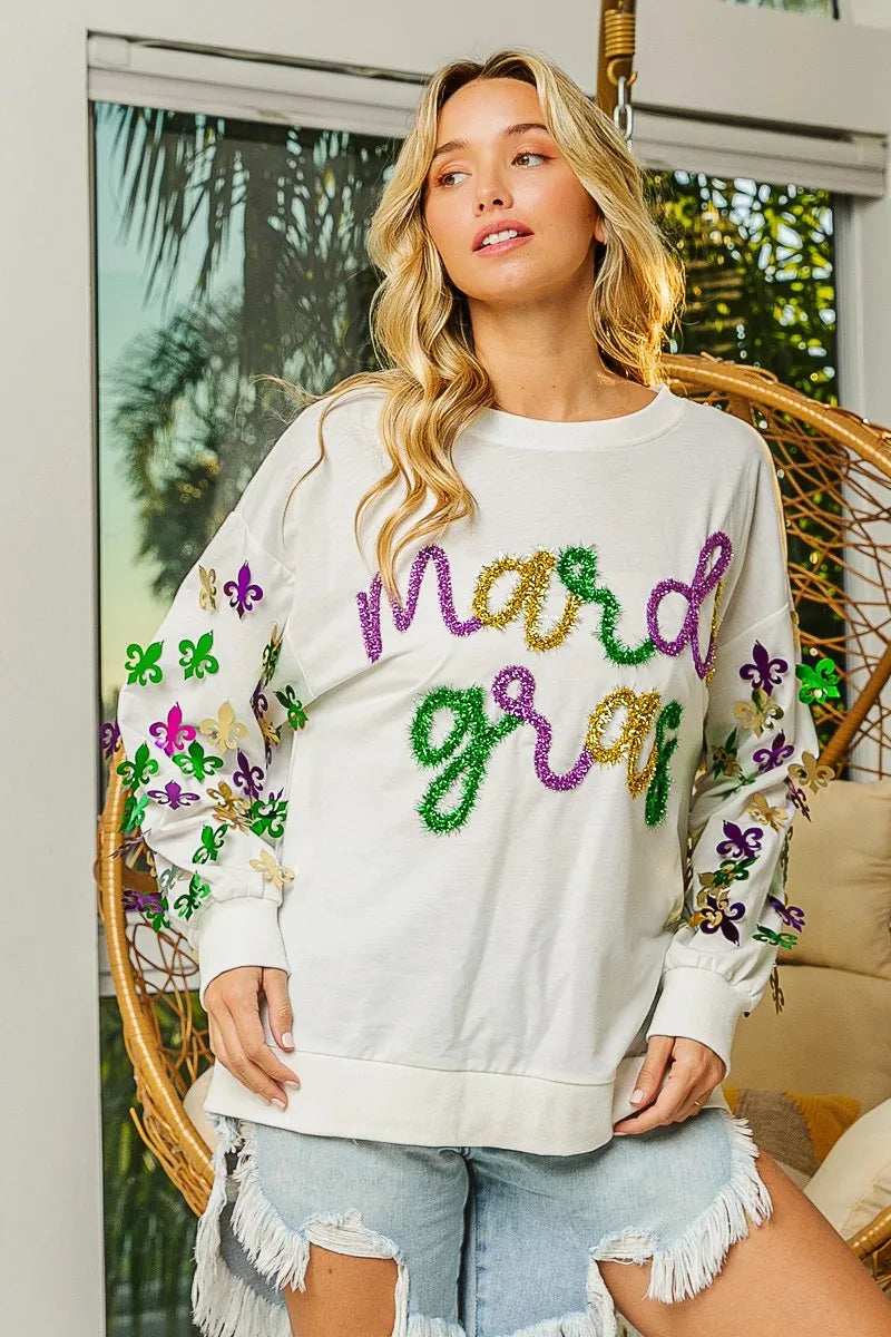 BiBi Fleur De Lis Sleeve Mardi Gras Pullover - Trendsi - Flyclothing LLC