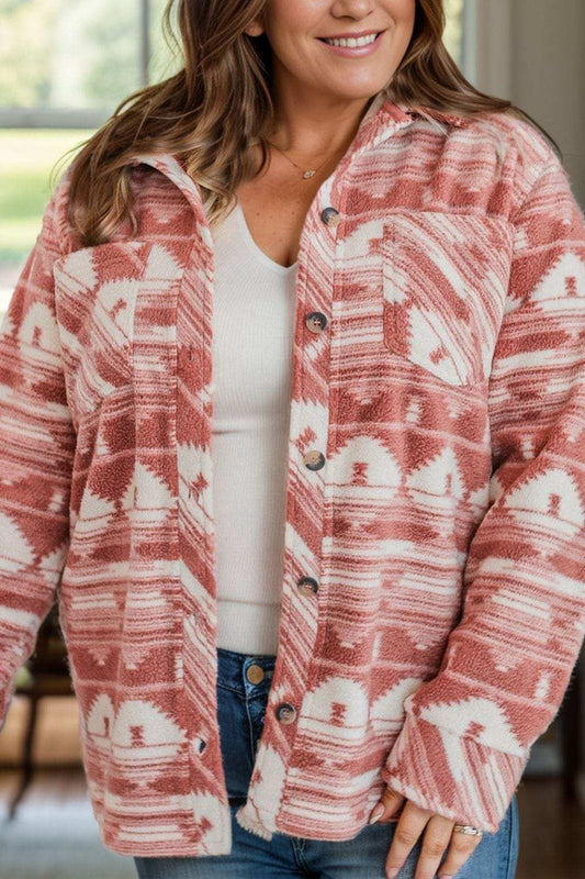Plus Size Pocketed Printed Collared Neck Jacket - Trendsi - Flyclothing LLC
