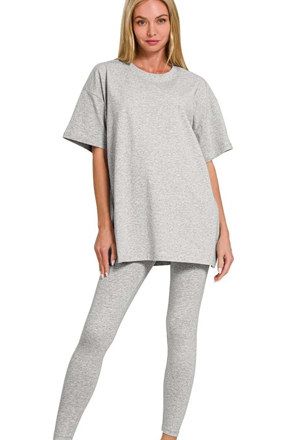 Zenana Cotton Round Neck Top & Legging Set - Trendsi - Flyclothing LLC