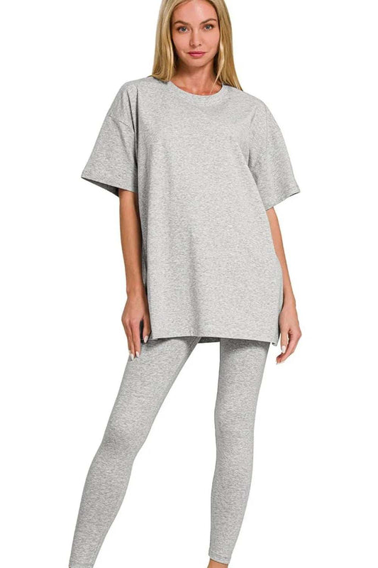 Zenana Cotton Round Neck Top & Legging Set - Trendsi - Flyclothing LLC