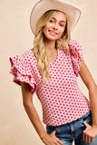 BiBi Heart Patterned Knit Ruffled Sleeves Top - Trendsi - Flyclothing LLC