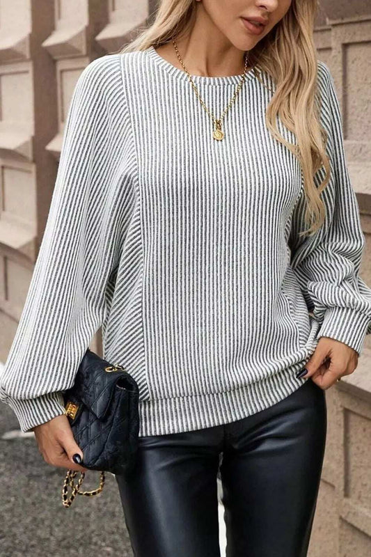 Striped Round Neck Long Sleeve Top - Trendsi - Flyclothing LLC