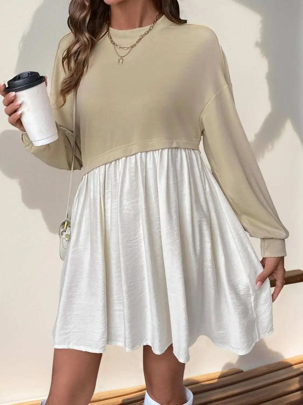 Perfee Contrast Round Neck Long Sleeve Mini Dress - Trendsi - Flyclothing LLC