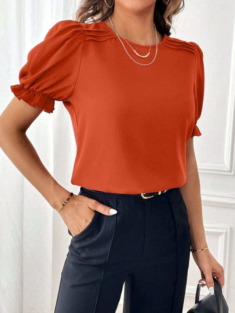 Round Neck Flounce Sleeve Blouse - Trendsi - Flyclothing LLC