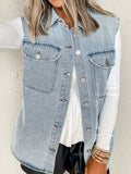 Collared Neck Button Up Denim Vest - Trendsi - Flyclothing LLC