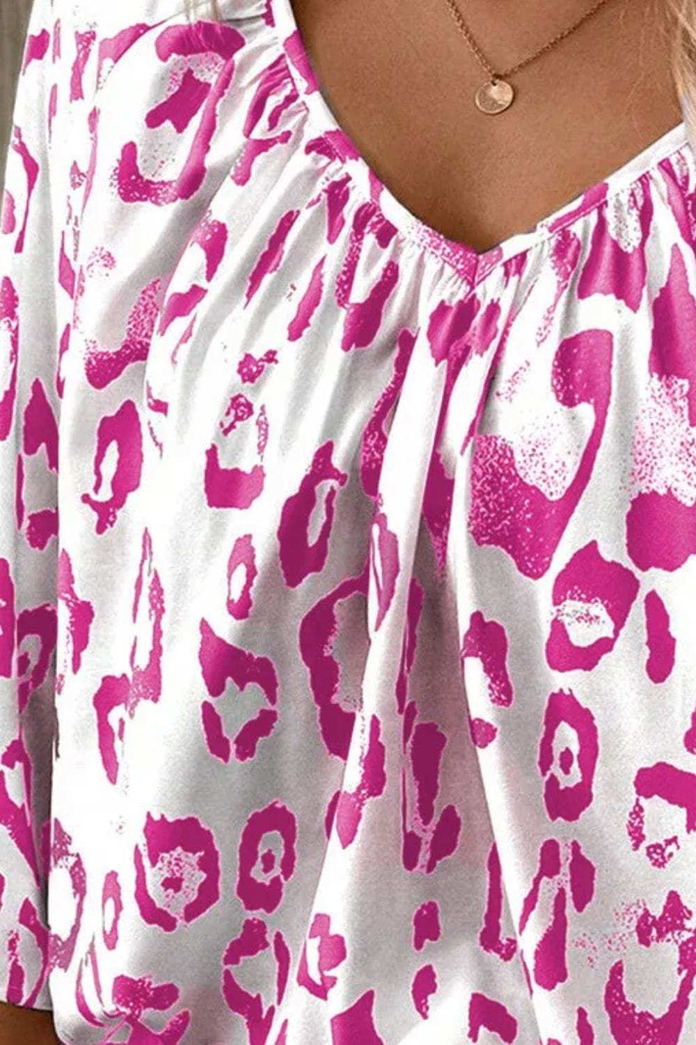 Leopard V-Neck Three-Quarter Sleeve Blouse - Trendsi - Flyclothing LLC