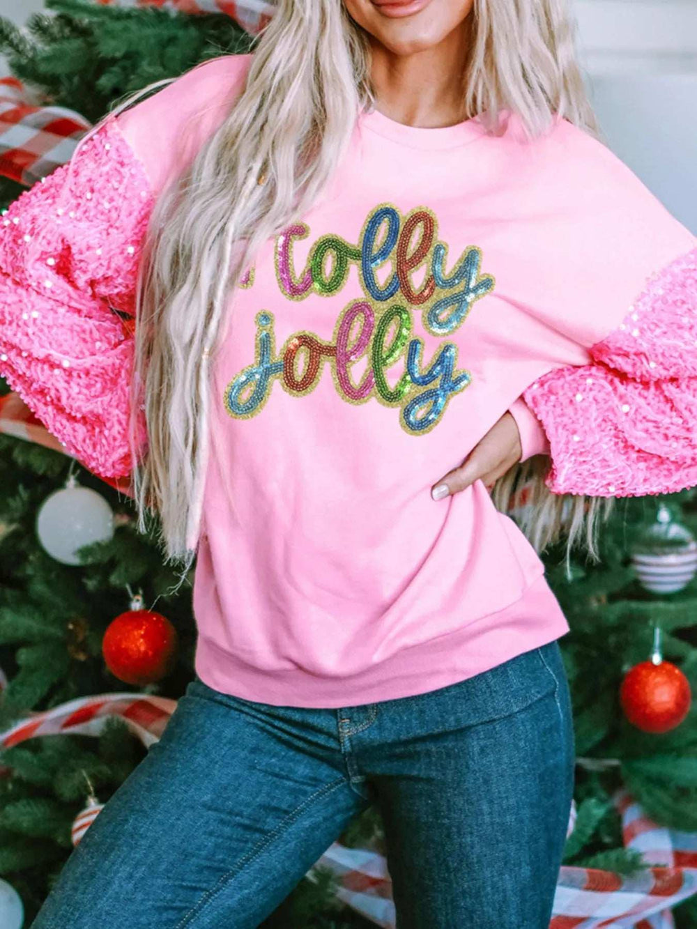 Holly Jolly Sequin Letter Drop Shoulder Long Sleeve Top - Trendsi - Flyclothing LLC
