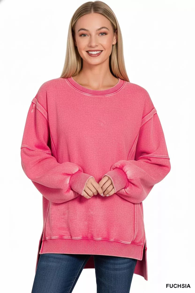 Zenana Acid Washed Batwing Sleeve Fleece Sweatshirt - Trendsi - Flyclothing LLC