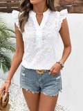 Perfee Eyelet Notched Ruffled Cap Sleeve Blouse - Trendsi - Flyclothing LLC